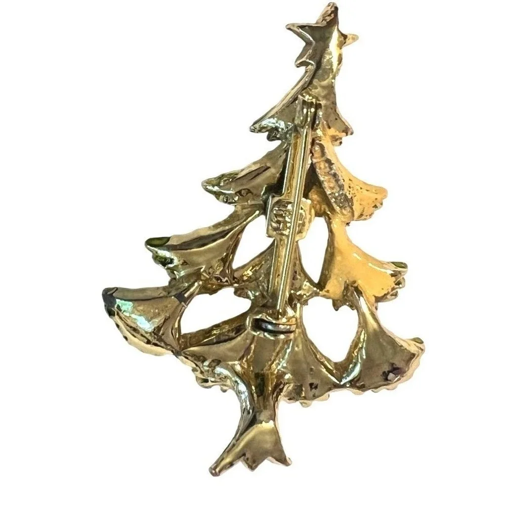 Vintage Gerrys Christmas Tree Brooch Pin Green Rhinestone Star Red Beads‎